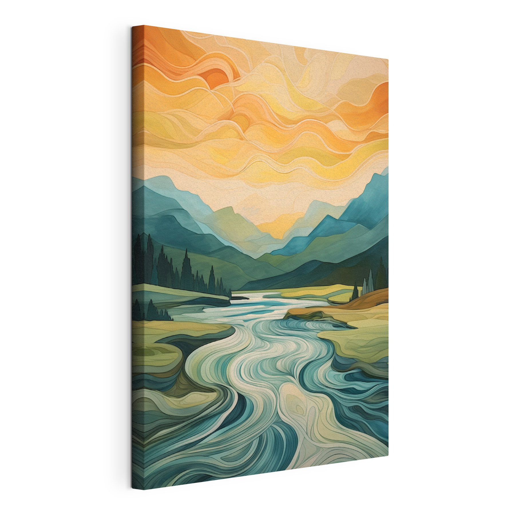 Painting of a river running through a valley