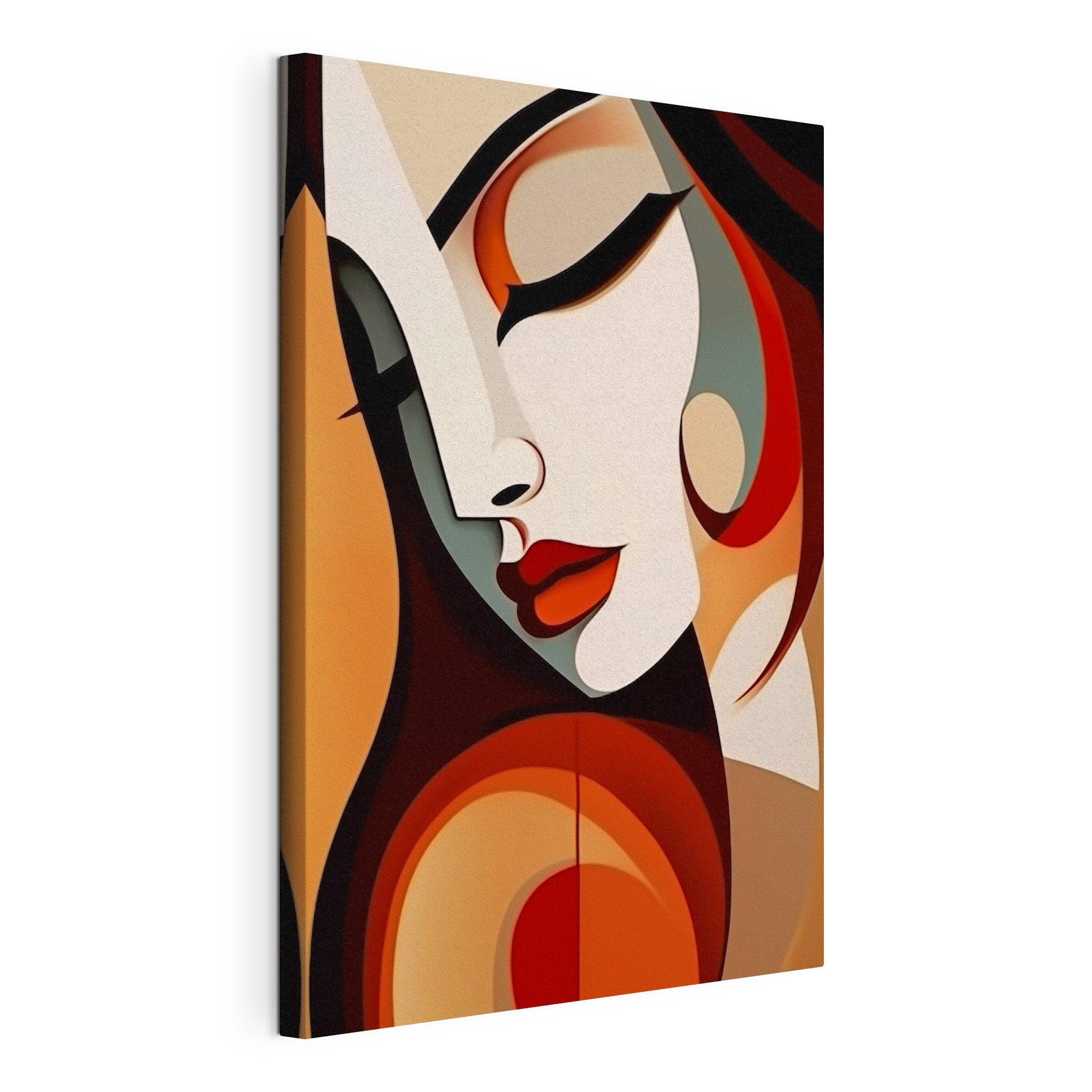 Woman's face with red lips and black hair
