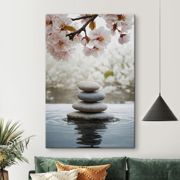 Stack of rocks in water with flowers in the background