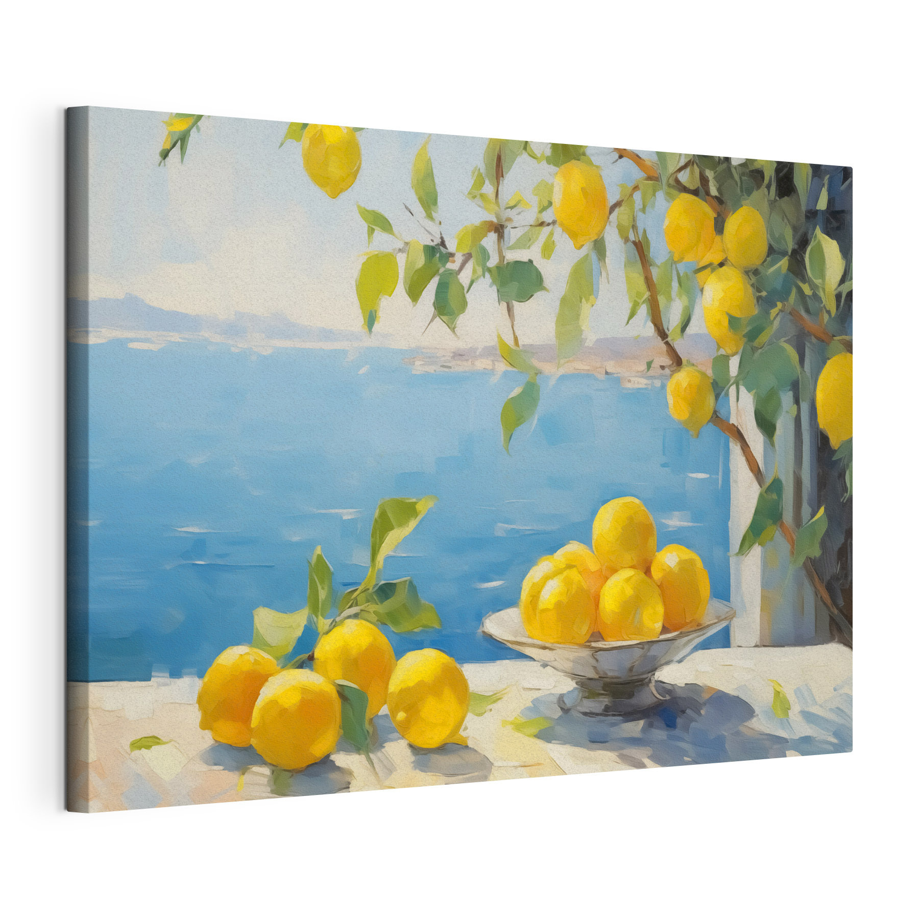 Bowl of lemons on a table next to a tree