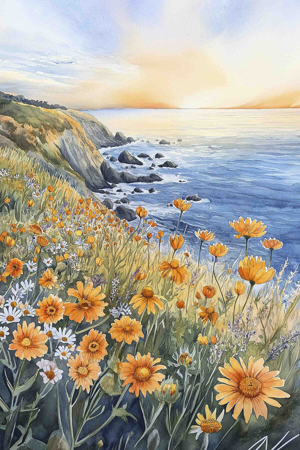 Painting of flowers on a cliff by the ocean