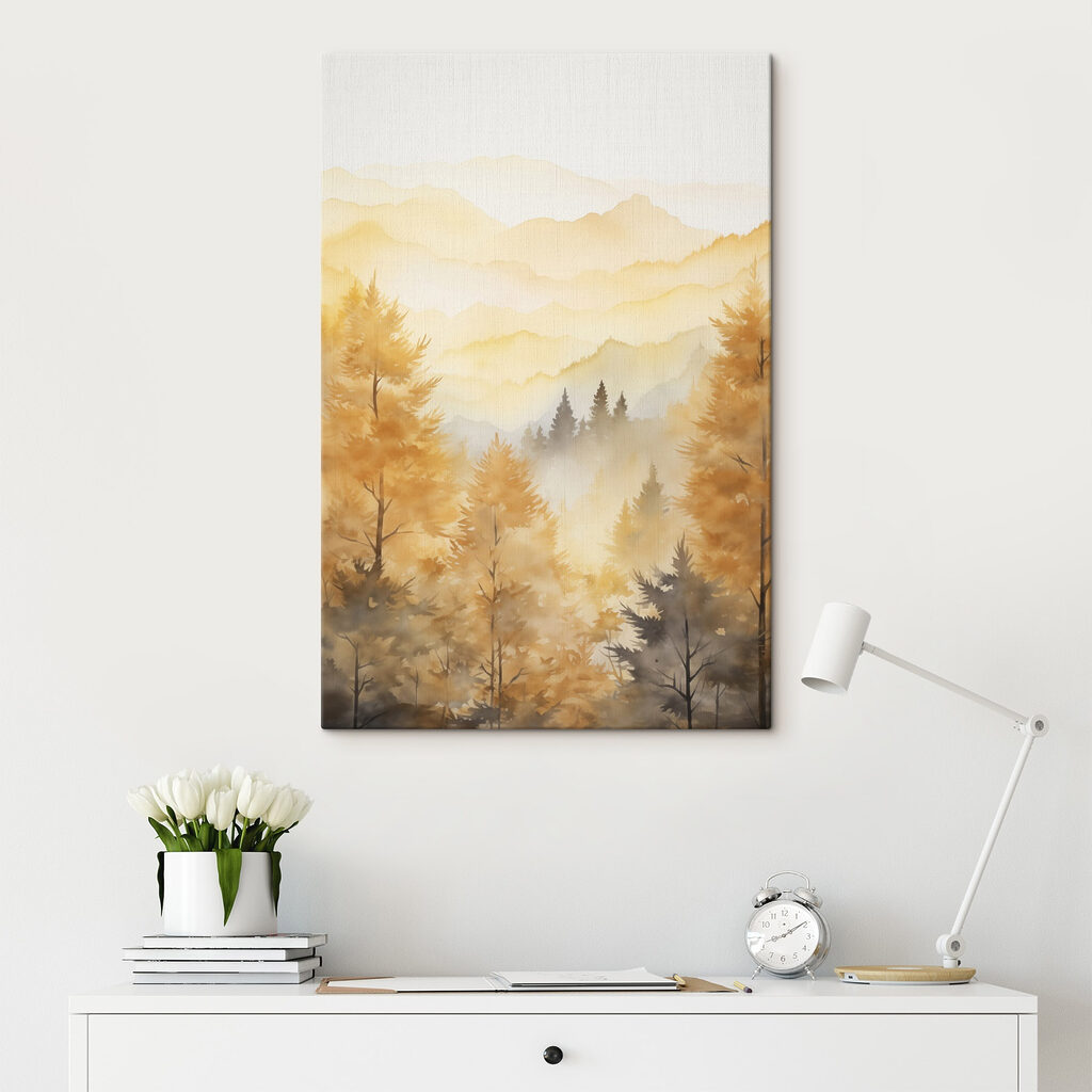 Painting of trees and mountains