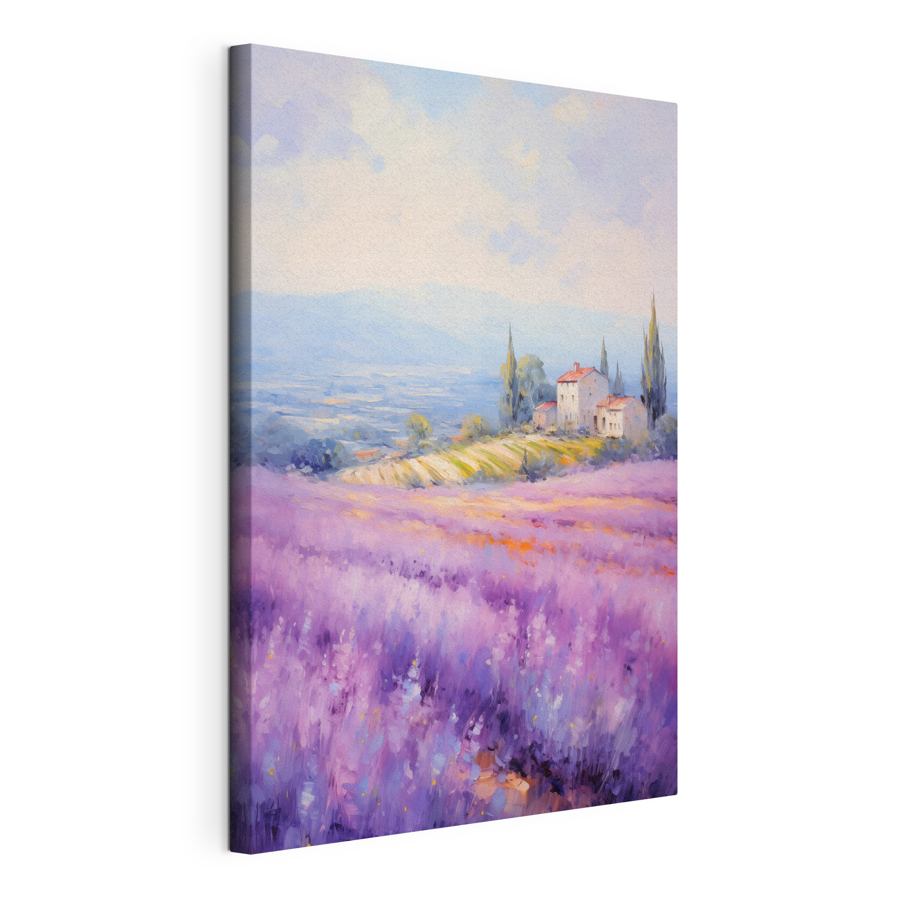 Painting of a house in a lavender field