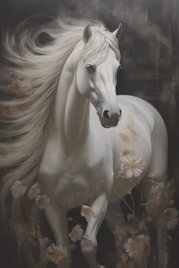 White horse with long mane and tail