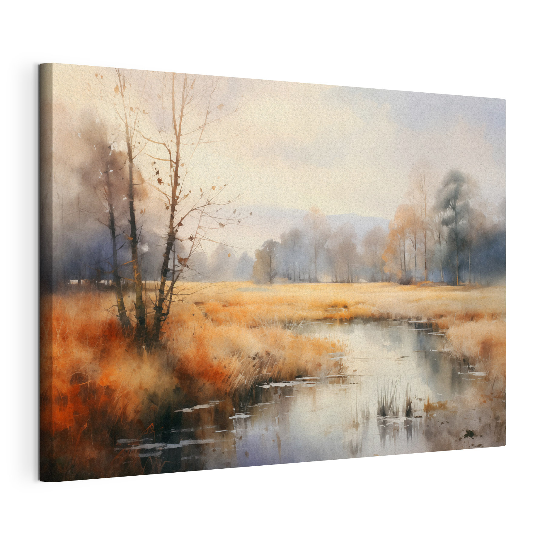 Watercolor painting of a marsh with trees and grass Watercolor painting of a marsh with trees and grass