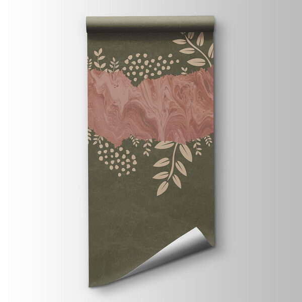 Pink and green background with leaves and flowers