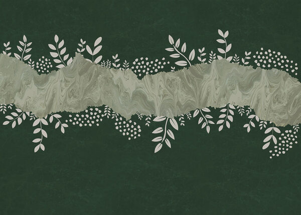 Green and white background with white leaves and flowers