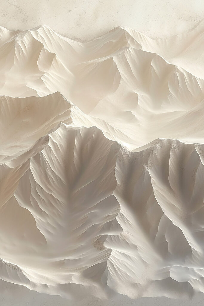 White mountain range with many layers of snow