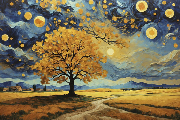 Painting of a tree in a field