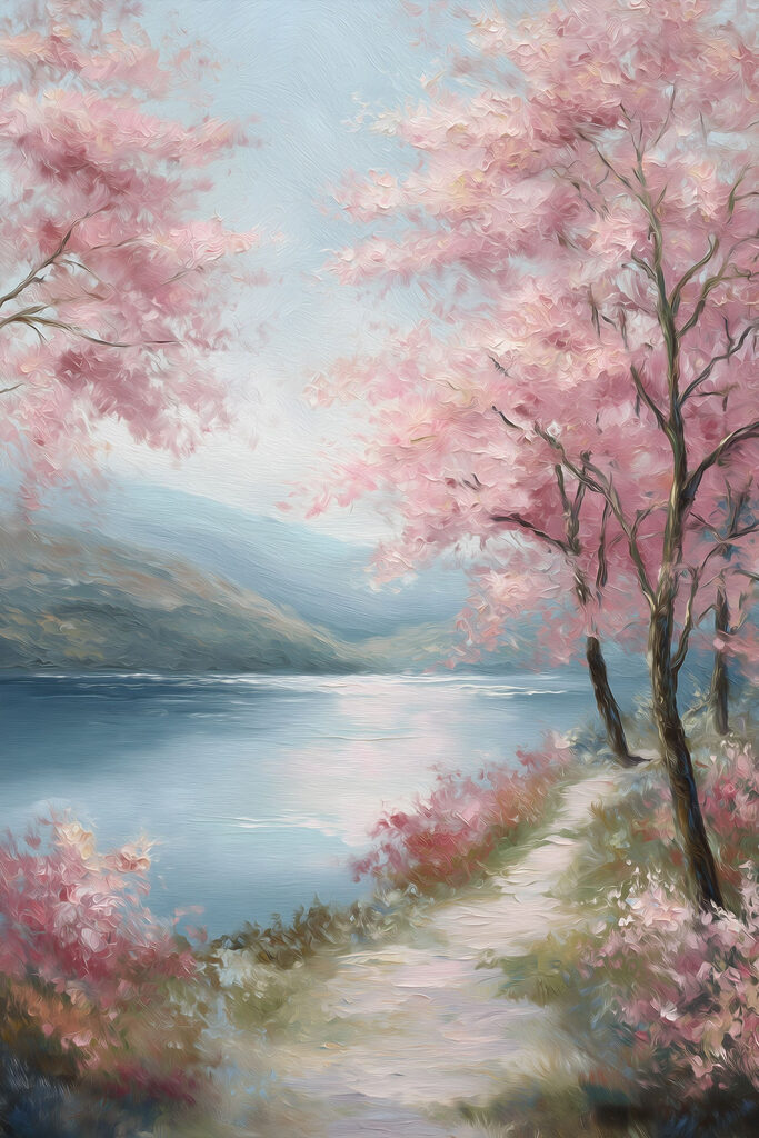 Painting of a lake with pink trees and mountains Painting of a lake with pink trees and mountains
