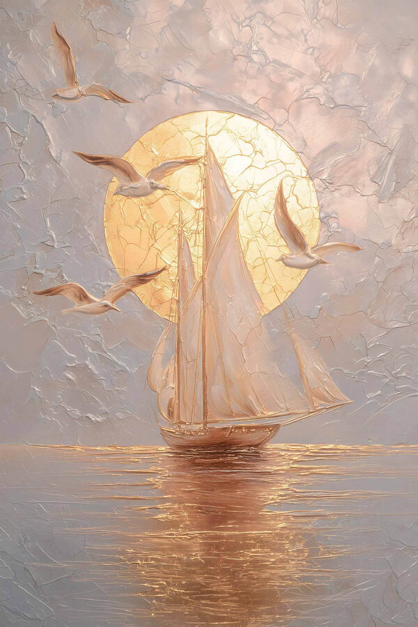 Painting of a sailboat and birds