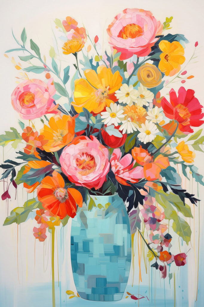 Painting of flowers in a blue vase Painting of flowers in a blue vase