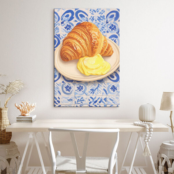 Vászonképek Vászonképek Egy tálon egy croissant és egy sárga folyadék (Cikkszám: s45146)