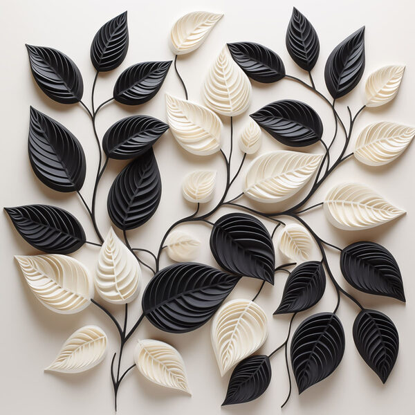 Black and white leaves on a white surface