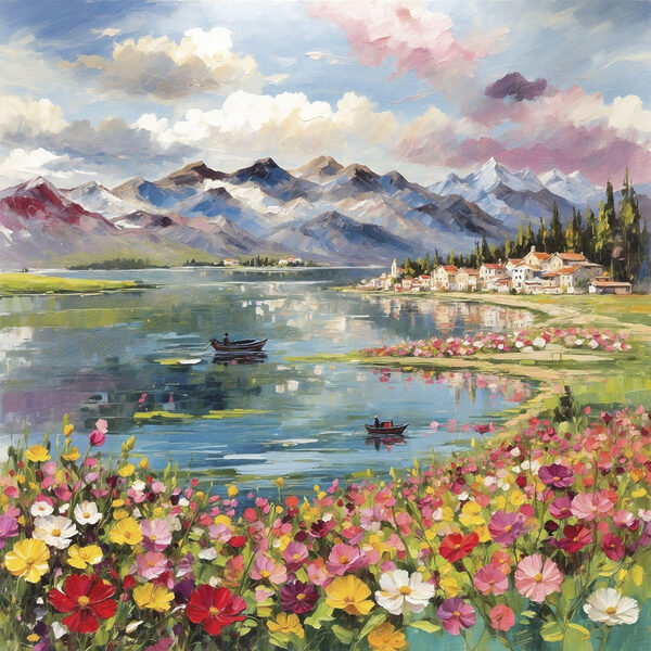 Painting of a lake with flowers and mountains in the background Painting of a lake with flowers and mountains in the background
