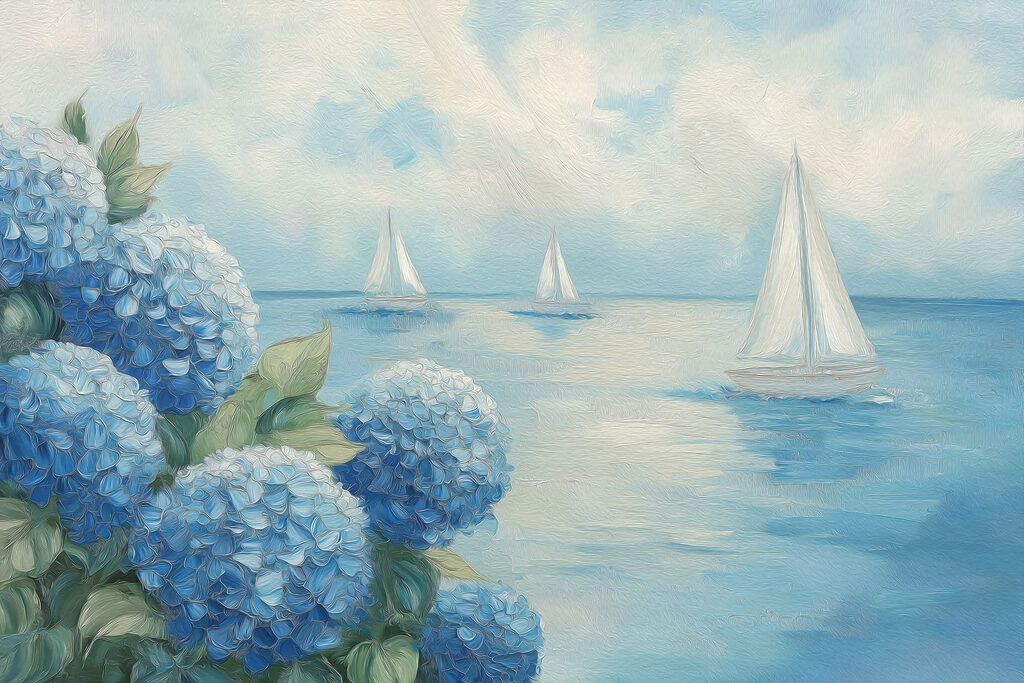 Painting of flowers and sailboats in the water Painting of flowers and sailboats in the water