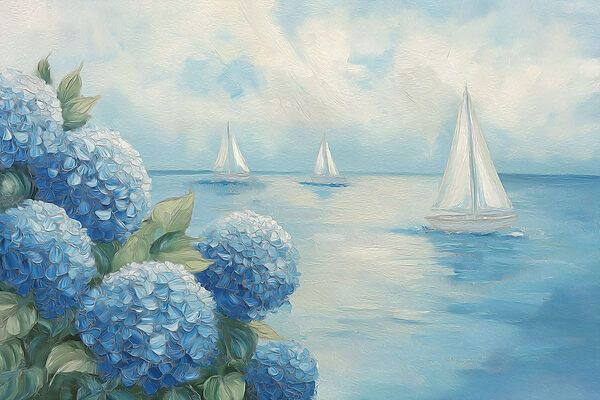 Painting of flowers and sailboats in the water Painting of flowers and sailboats in the water