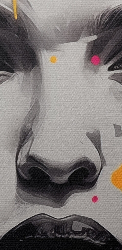 Painting of a woman with pink and yellow paint on her face