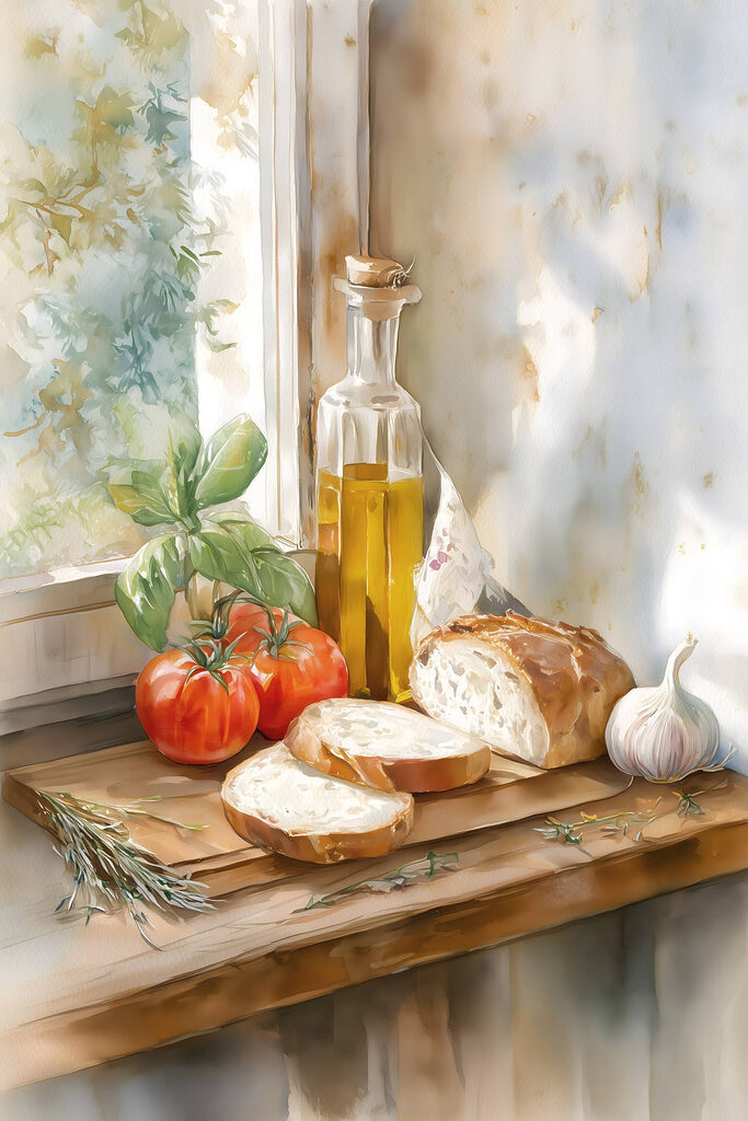 Painting of food on a table Painting of food on a table