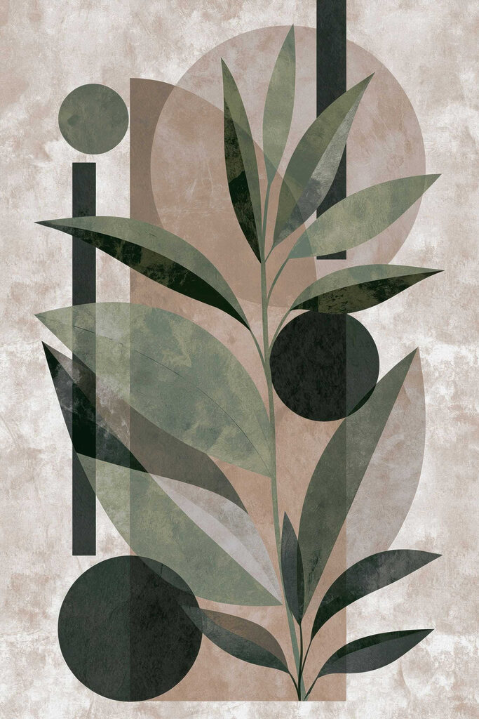 Painting of a plant with leaves and geometric shapes Painting of a plant with leaves and geometric shapes