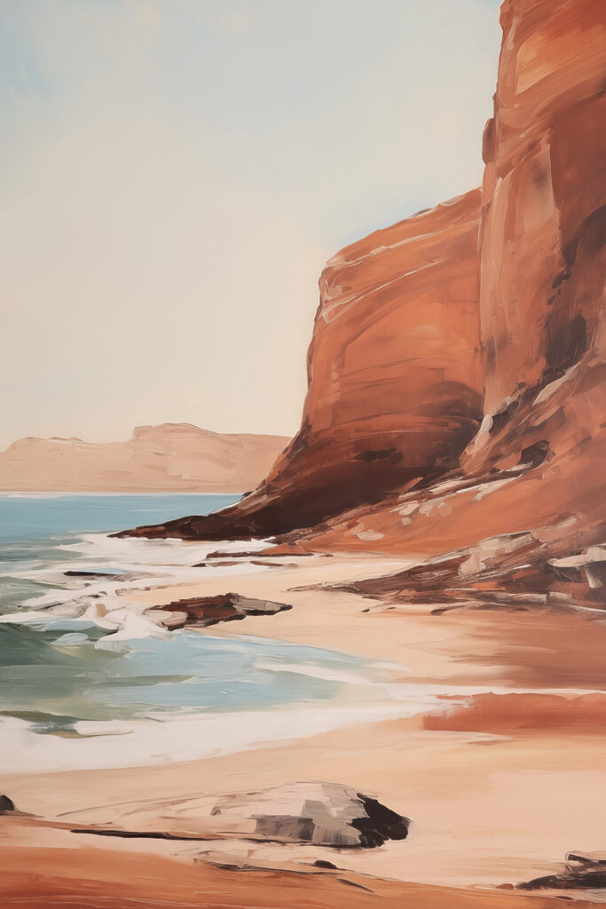 Painting of a beach and cliffs