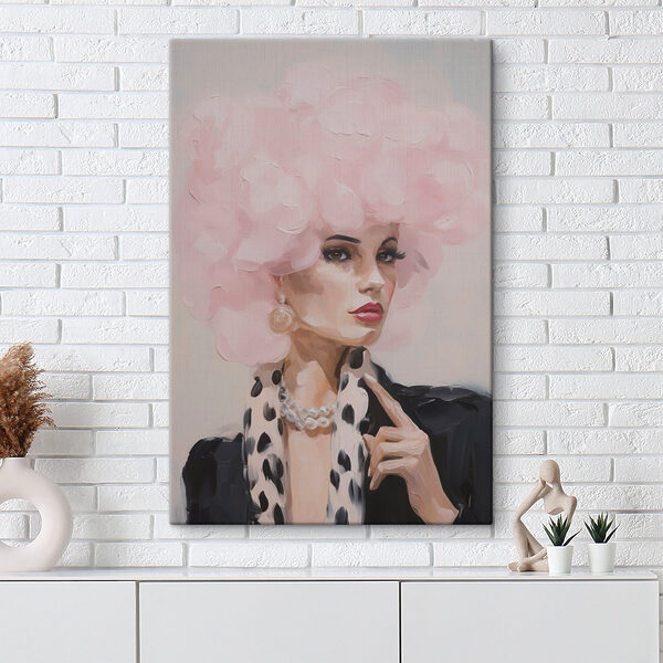 Painting of a woman with a pink fluffy hair