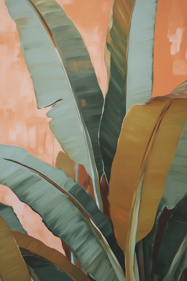 Vibrant tropical leaves against peach backdrop