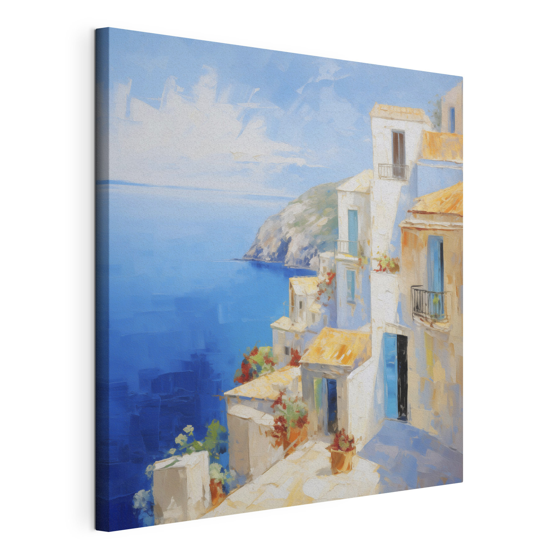 Painting of a white building with a blue sky and water Painting of a white building with a blue sky and water