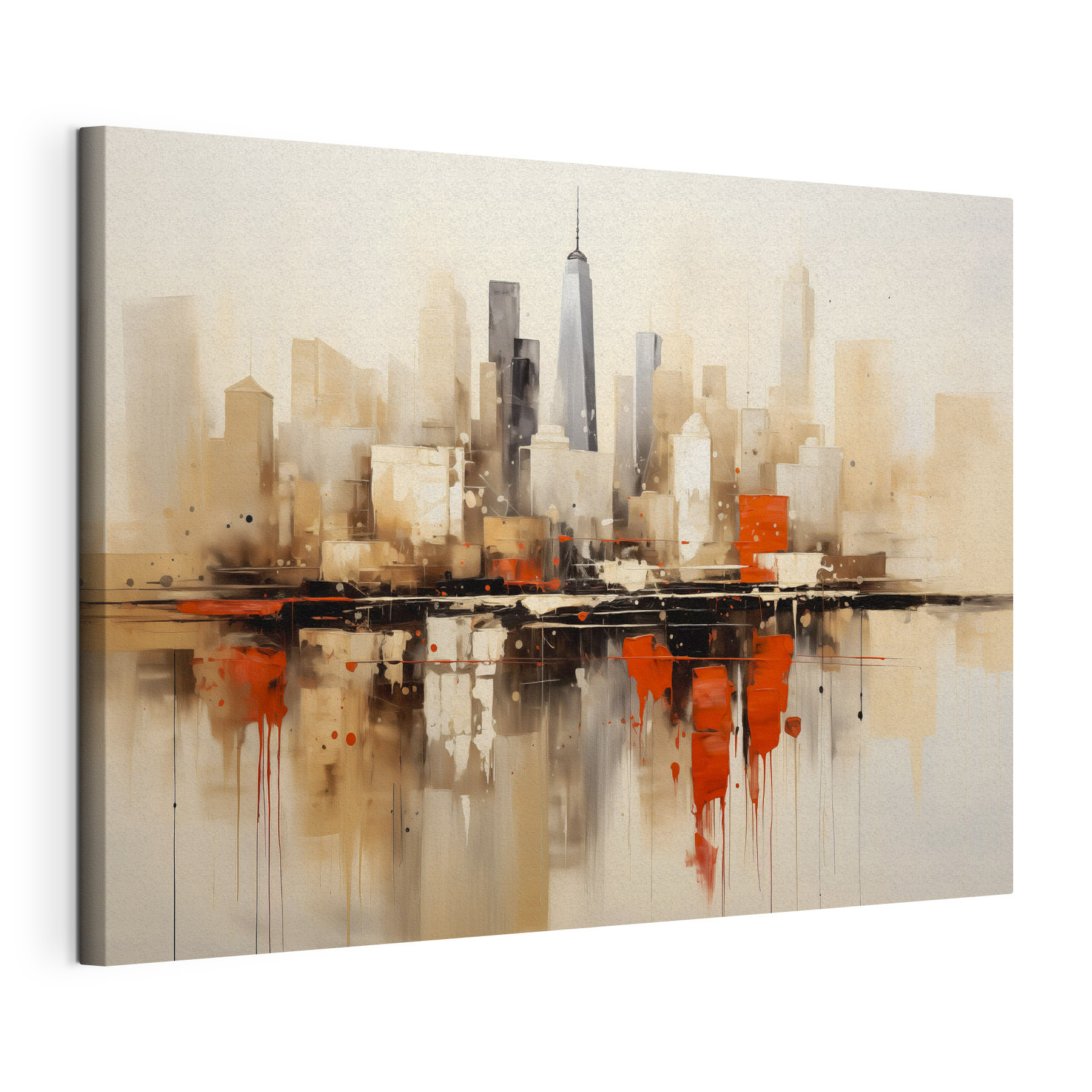 Painting of a city with a reflection of a building Painting of a city with a reflection of a building