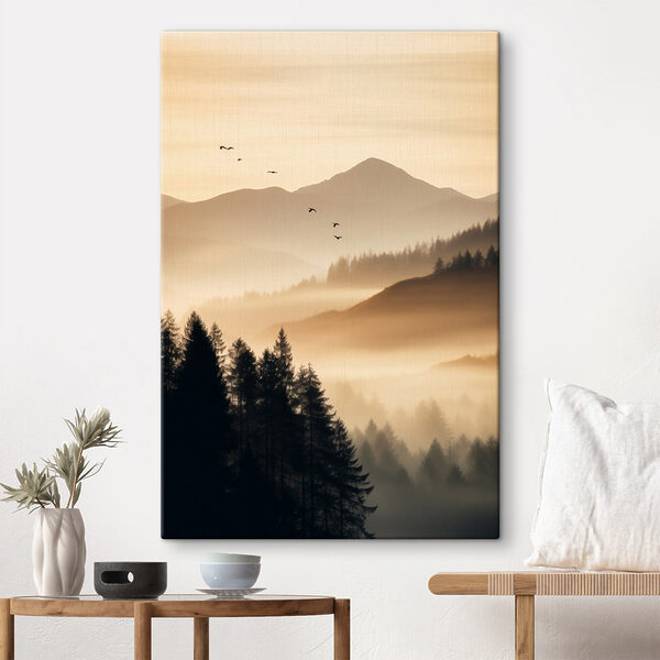 Birds flying over a valley with mountains and trees Birds flying over a valley with mountains and trees