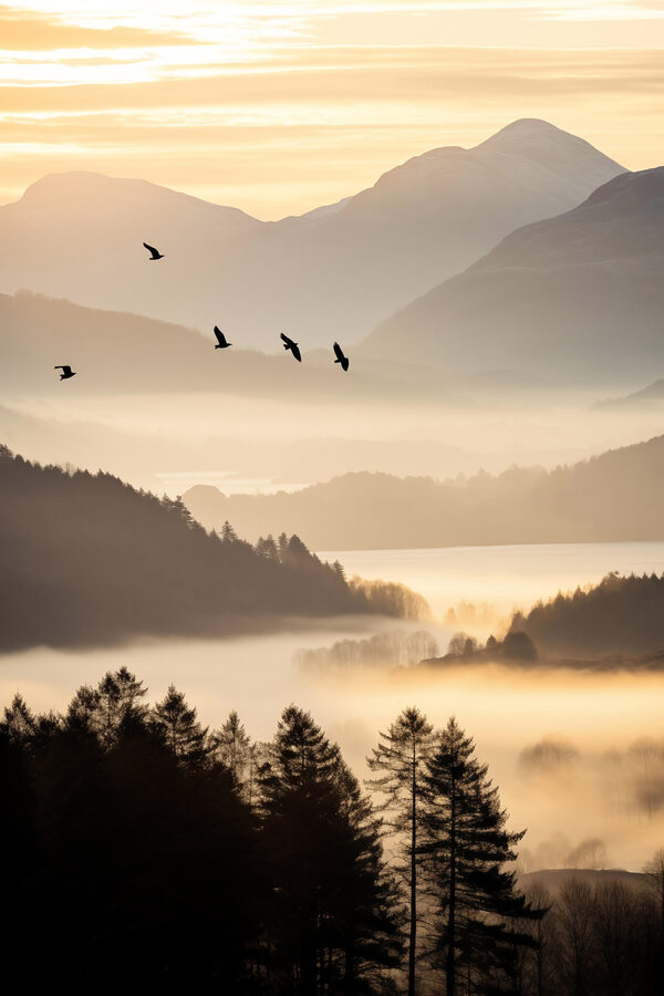 Birds flying over a valley with mountains and fog