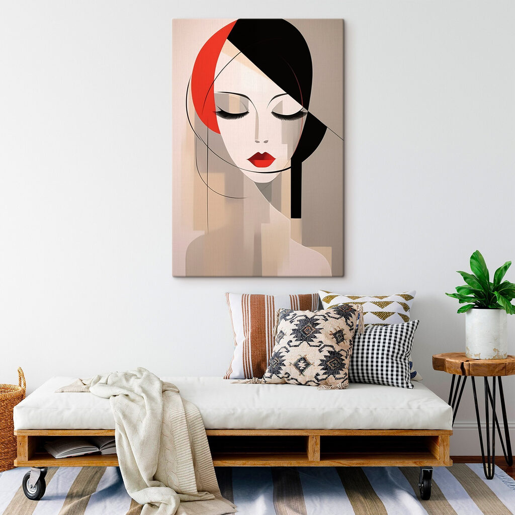 Woman's face with red lips and black hair