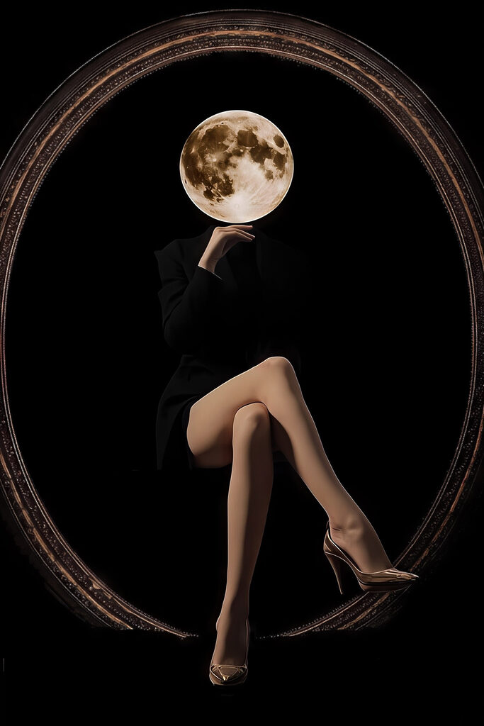 Woman sitting in a chair with a moon in her face