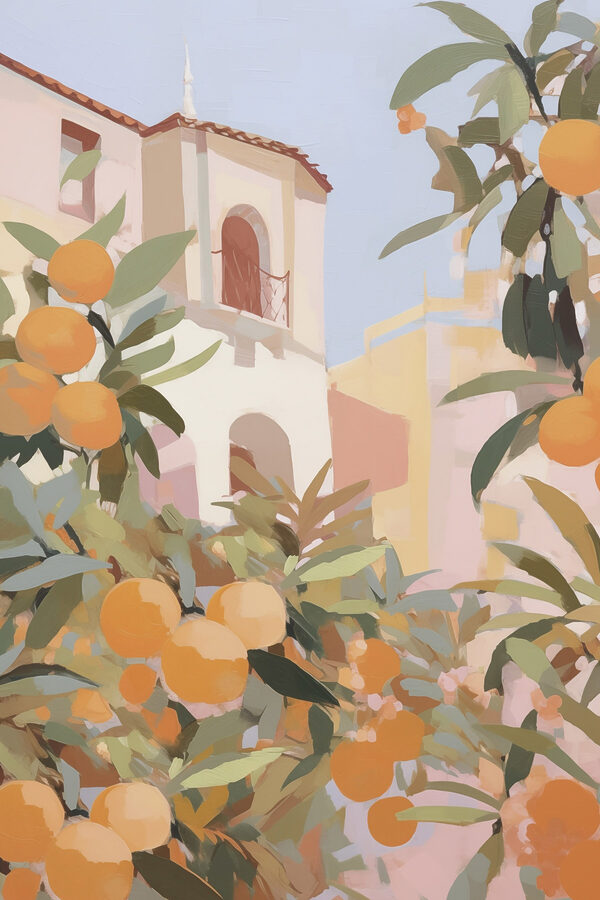 Oranges growing on a tree with buildings in the background