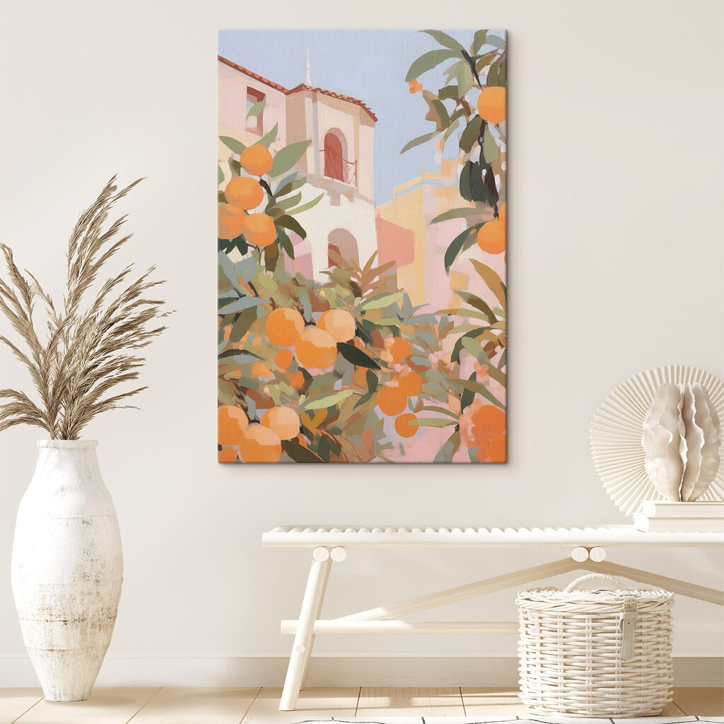 Oranges growing on a tree with buildings in the background