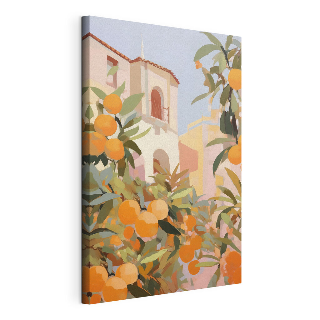 Oranges growing on a tree with buildings in the background