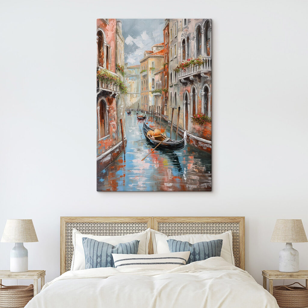 Painting of a canal with a gondola in the middle of a city