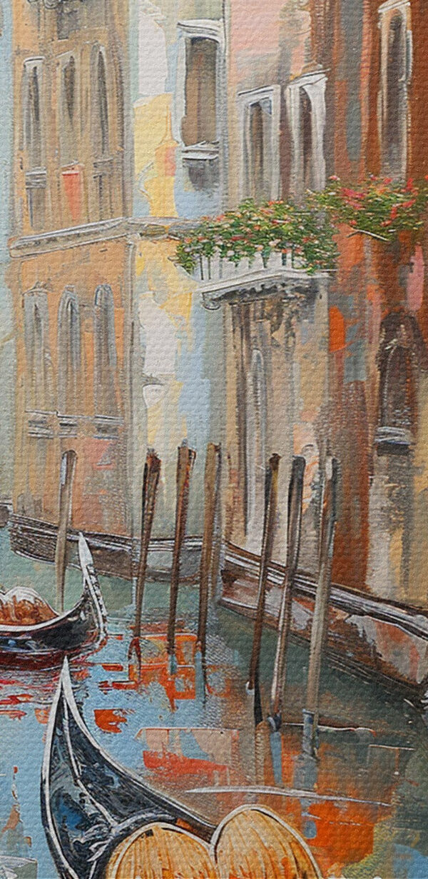 Painting of a canal with a gondola in the middle of a city