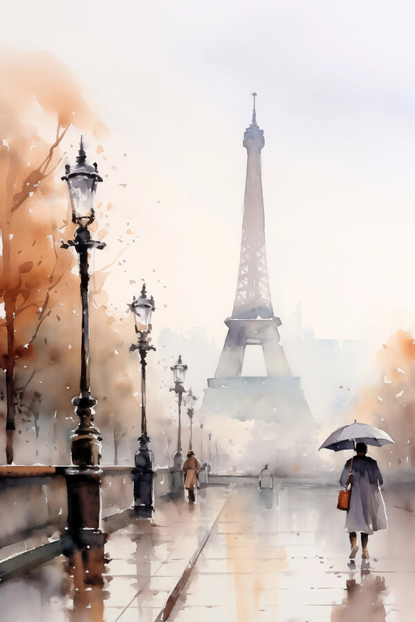 Watercolor painting of a person holding an umbrella in front of a tower Watercolor painting of a person holding an umbrella in front of a tower