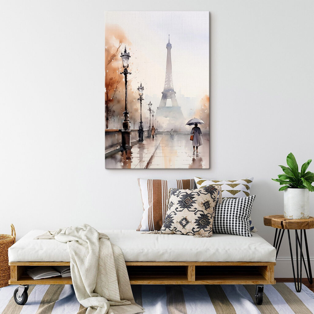 Watercolor painting of a person holding an umbrella in front of a tower Watercolor painting of a person holding an umbrella in front of a tower