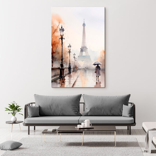 Watercolor painting of a person holding an umbrella in front of a tower Watercolor painting of a person holding an umbrella in front of a tower