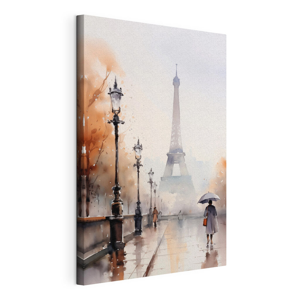 Watercolor painting of a person holding an umbrella in front of a tower Watercolor painting of a person holding an umbrella in front of a tower