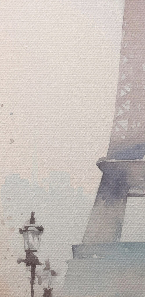 Watercolor painting of a person holding an umbrella in front of a tower Watercolor painting of a person holding an umbrella in front of a tower