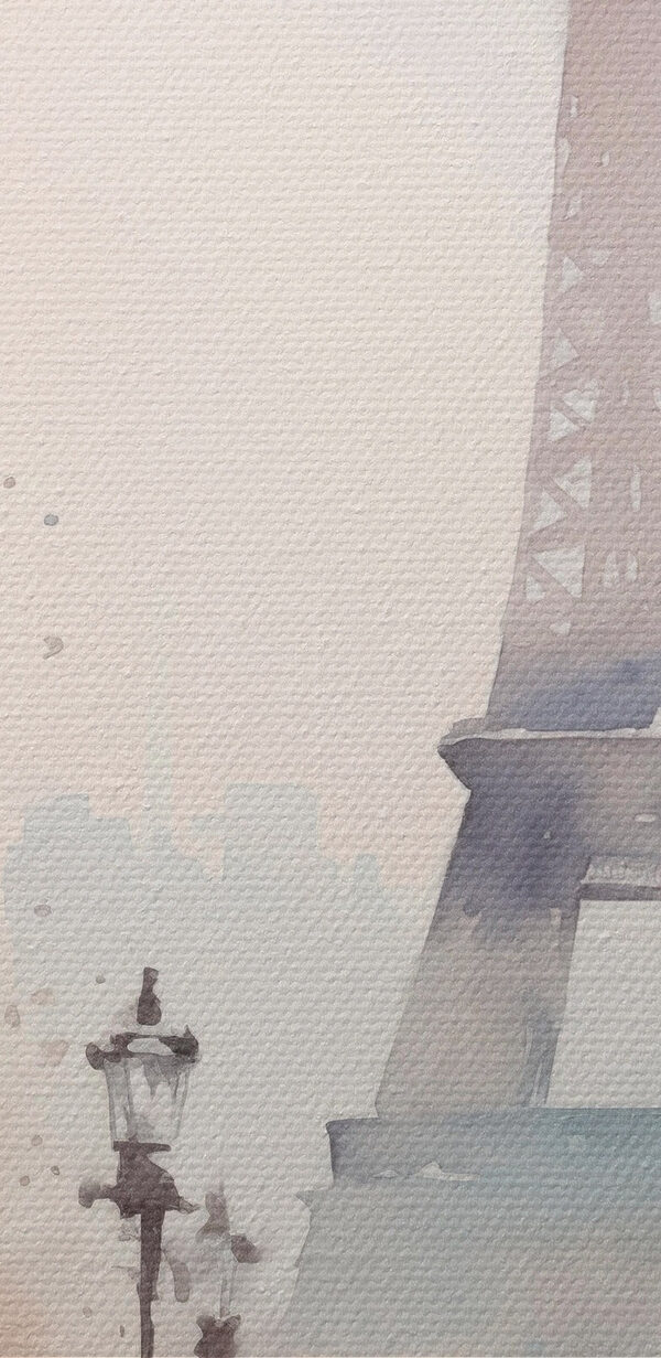 Watercolor painting of a person holding an umbrella in front of a tower Watercolor painting of a person holding an umbrella in front of a tower