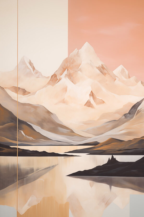 Painting of a mountain range and a lake