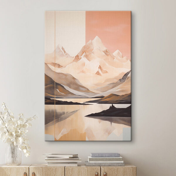 Painting of a mountain range and a lake