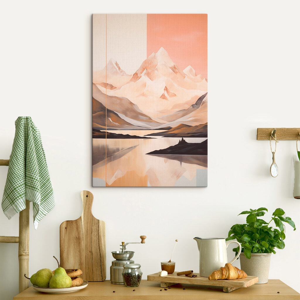 Painting of a mountain range and a lake