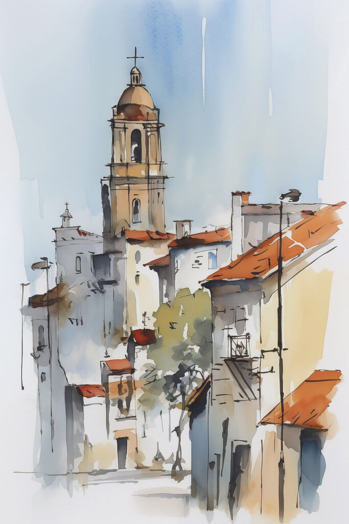 Watercolor painting of buildings