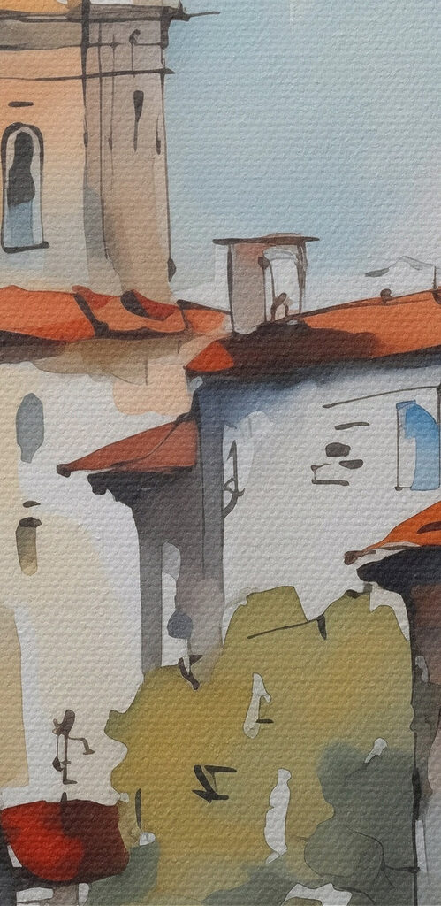 Watercolor painting of buildings