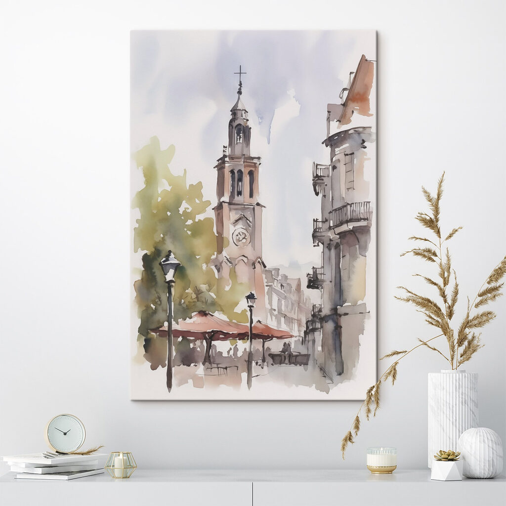 Watercolor of a building with a clock tower
